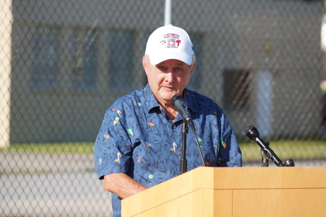 Former Blue Jays trainer and director of Florida operations, Ken Carson at the microphone. He is now president of the class-A Florida State League.