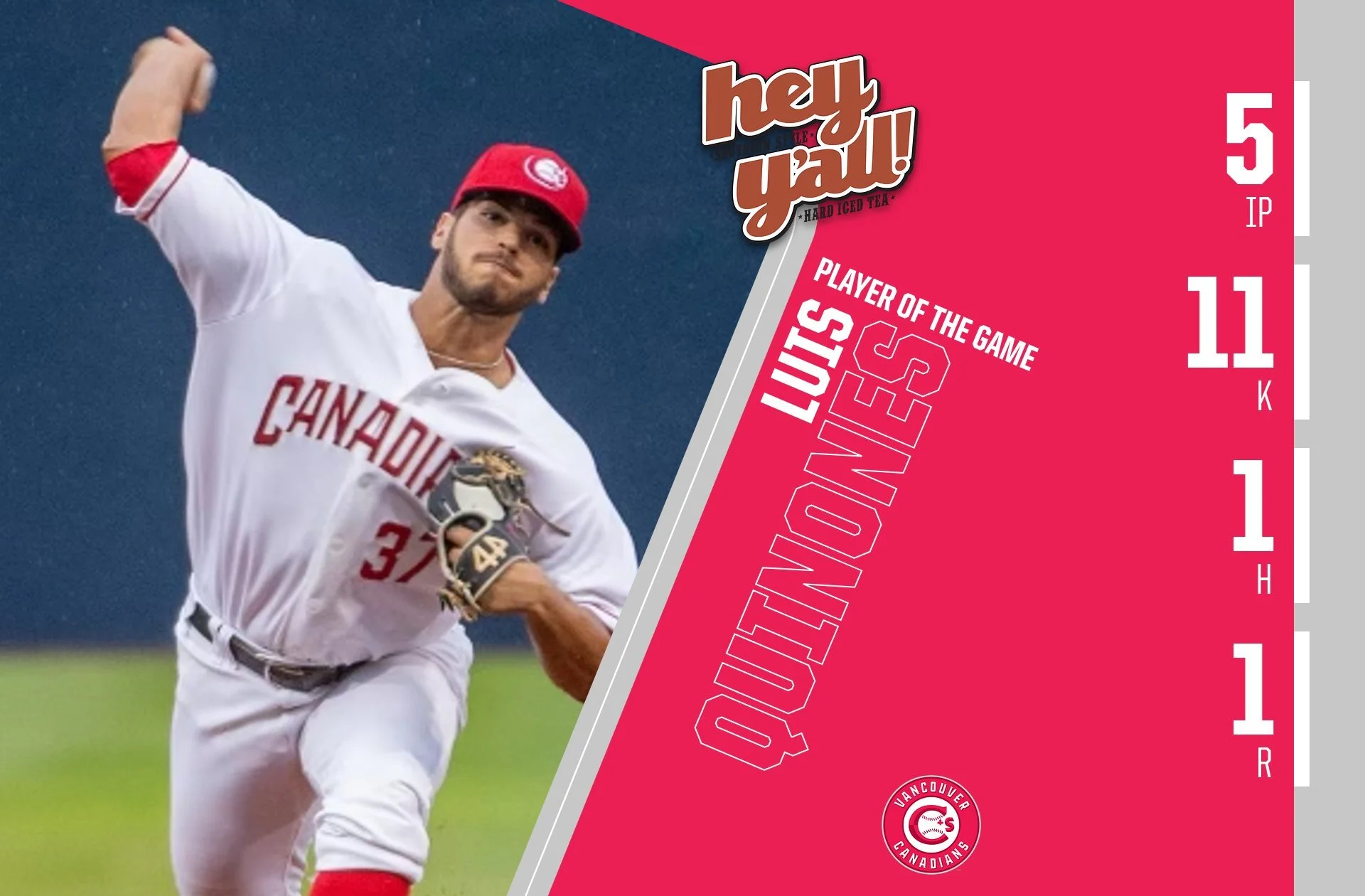 Kirwer triples, Quinones fans 11 in Canadians' win