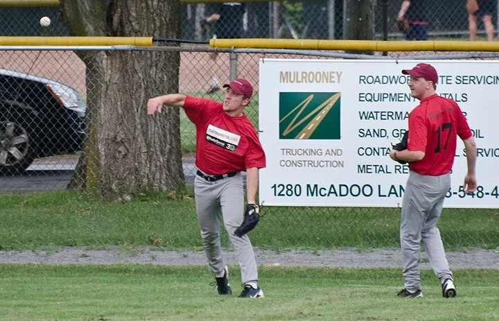 A scene from the action in a Kingston Senior Men’s Baseball League game played on June 11, 2012 at Megaffin Park. Photo: Sportsgate Kingston