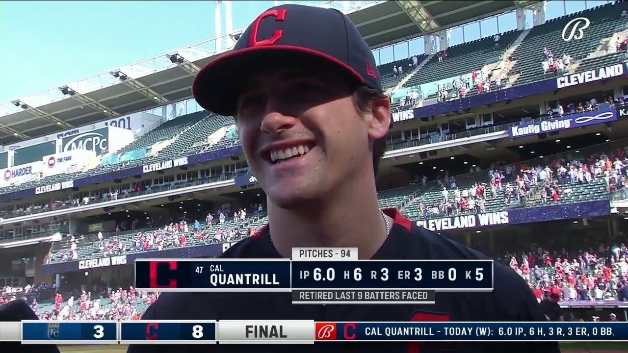 Ontario Terriers and Junior National Team alum Cal Quantrill (Port Hope, Ont) went 7-1 with a 1.94 ERA in 14 starts for Cleveland in the second half. Photo: YouTube