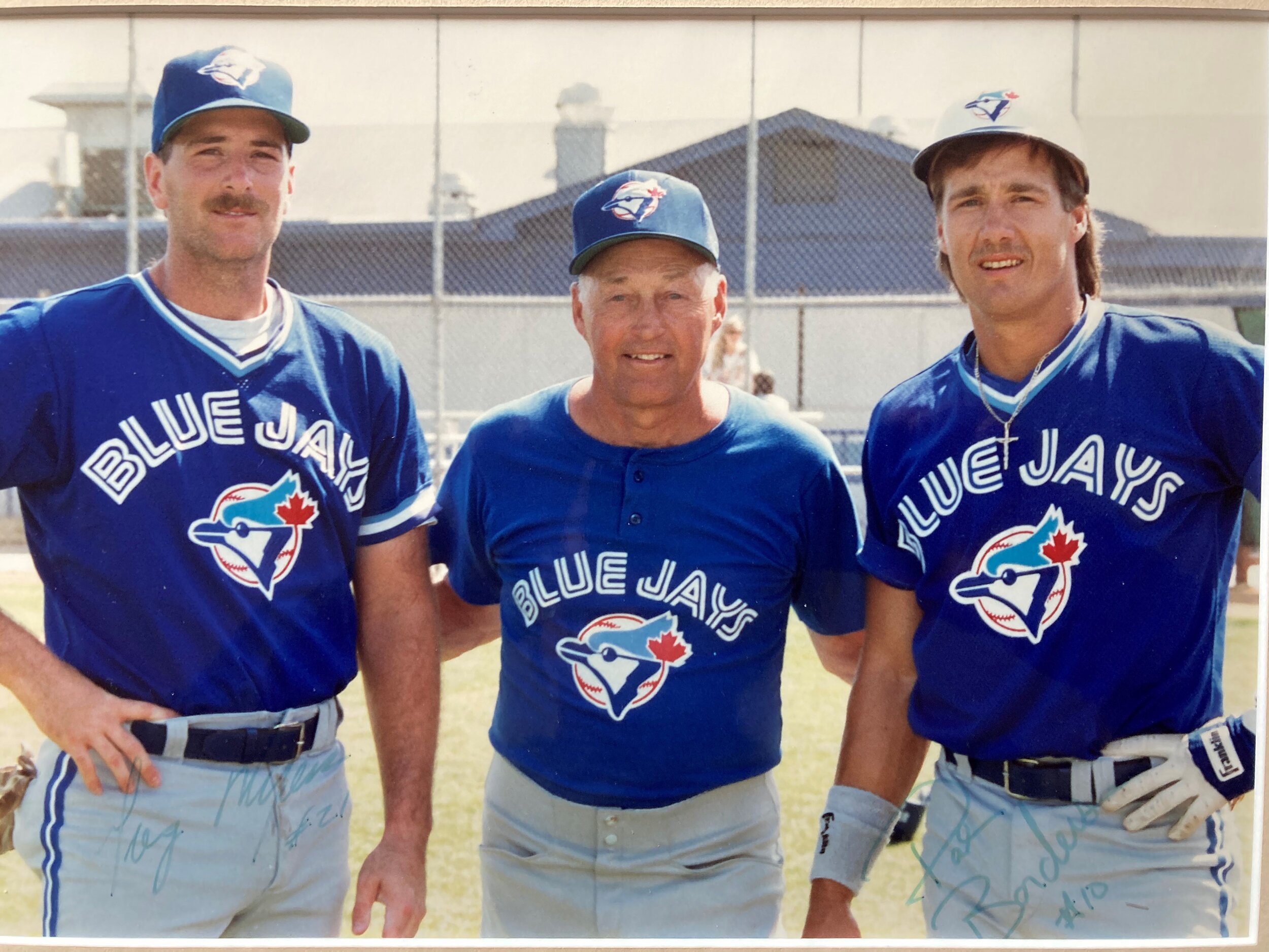 At the age of 60, Bob Hopper (middle) shown here with catchers Greg Myers (left) and Pat Borders (right), joined the Toronto Blue Jays organization as a security doorman in Dunedin, Fla. He could sometimes be found throwing batting practice. Photo: Sharon Hopper