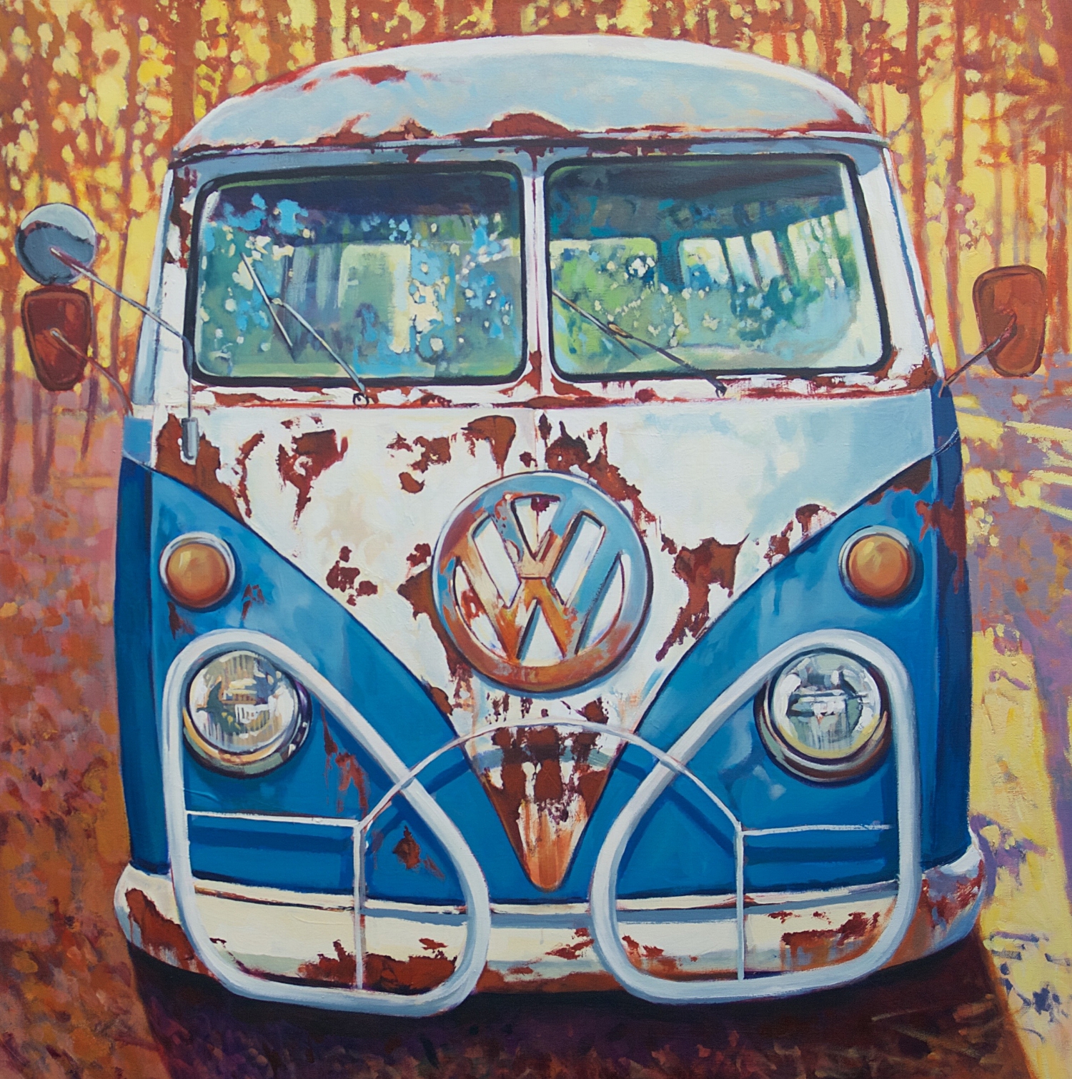 Blue and White VW Bus