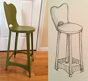 I studied the chair on the left for about 2 minutes before drawing the one on the right. I have had this chair in my office for over a year now. I found it at an auction, sanded it and repainted it. It wasn't until I drew it that I noticed the curved opening in the back, or the curved sections holding the legs together at the bottom.