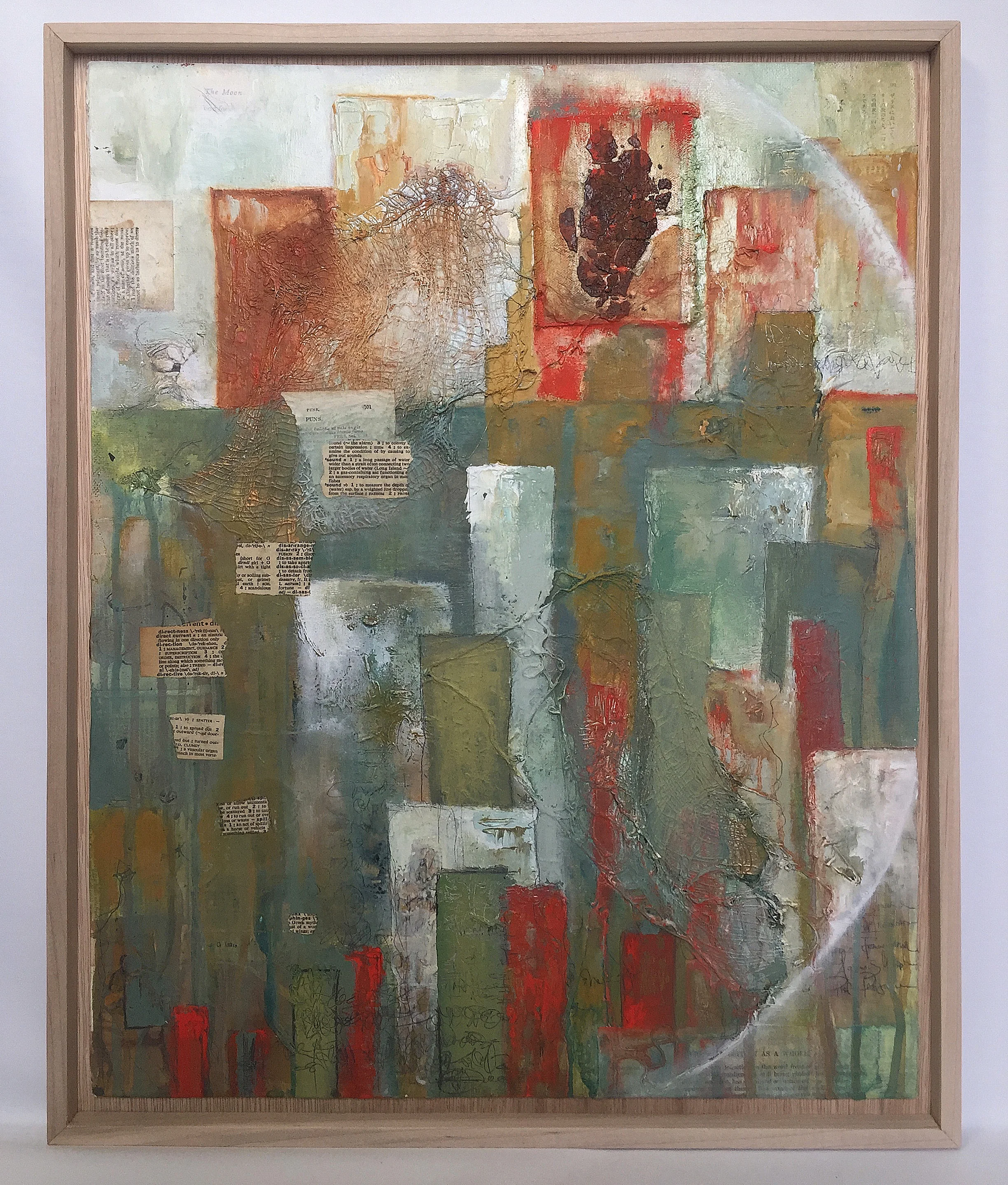 paper colllage, graphite, gauze, found things, and oil on canvas      21” x 17.5”