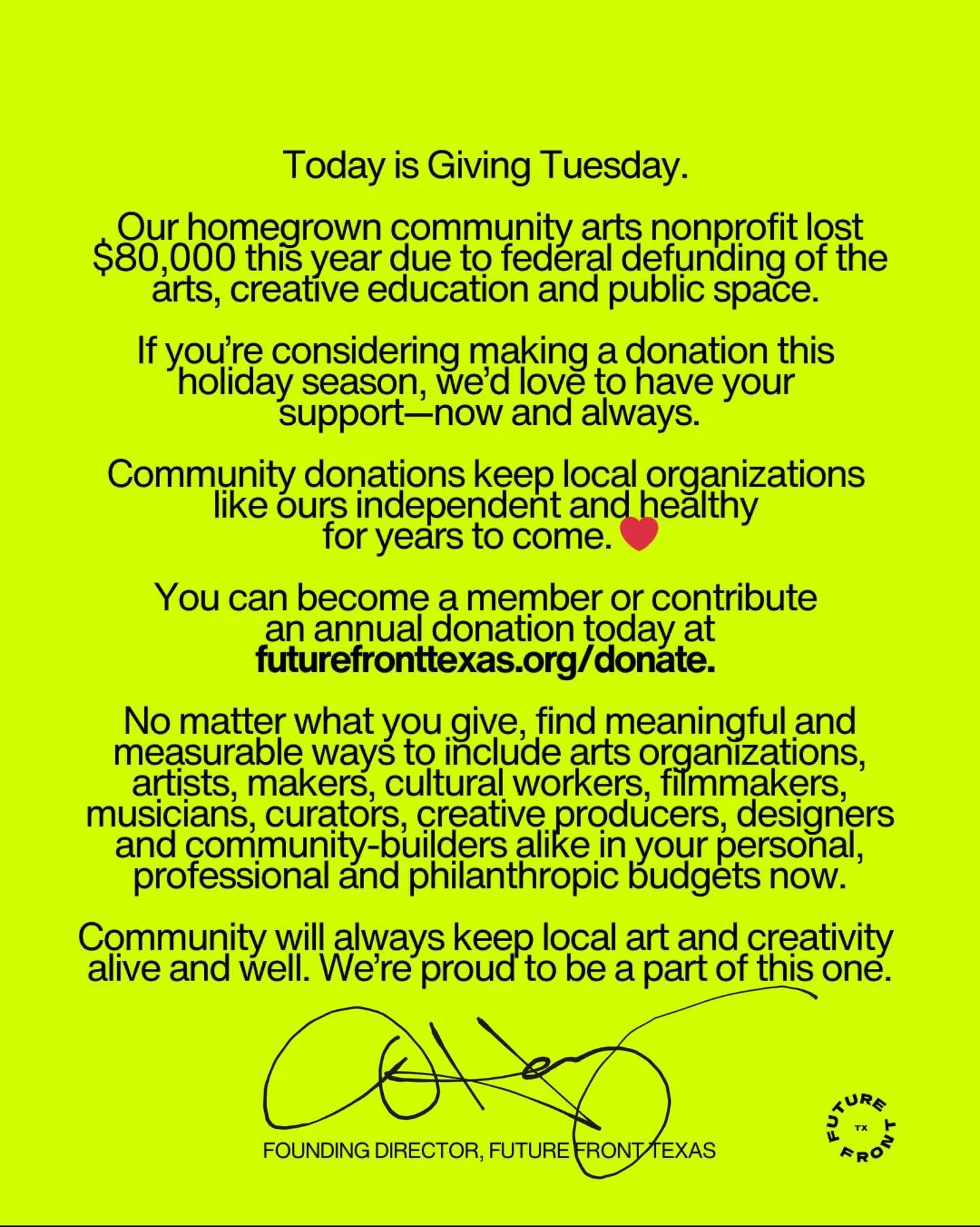 To make a donation, head to futurefronttexas.org/donate. 

We&rsquo;ve been around nine years, because of this community right here. Homegrown in Austin, Texas forever! ❤️

THANK YOU.

#futurefronttexas #austintexas