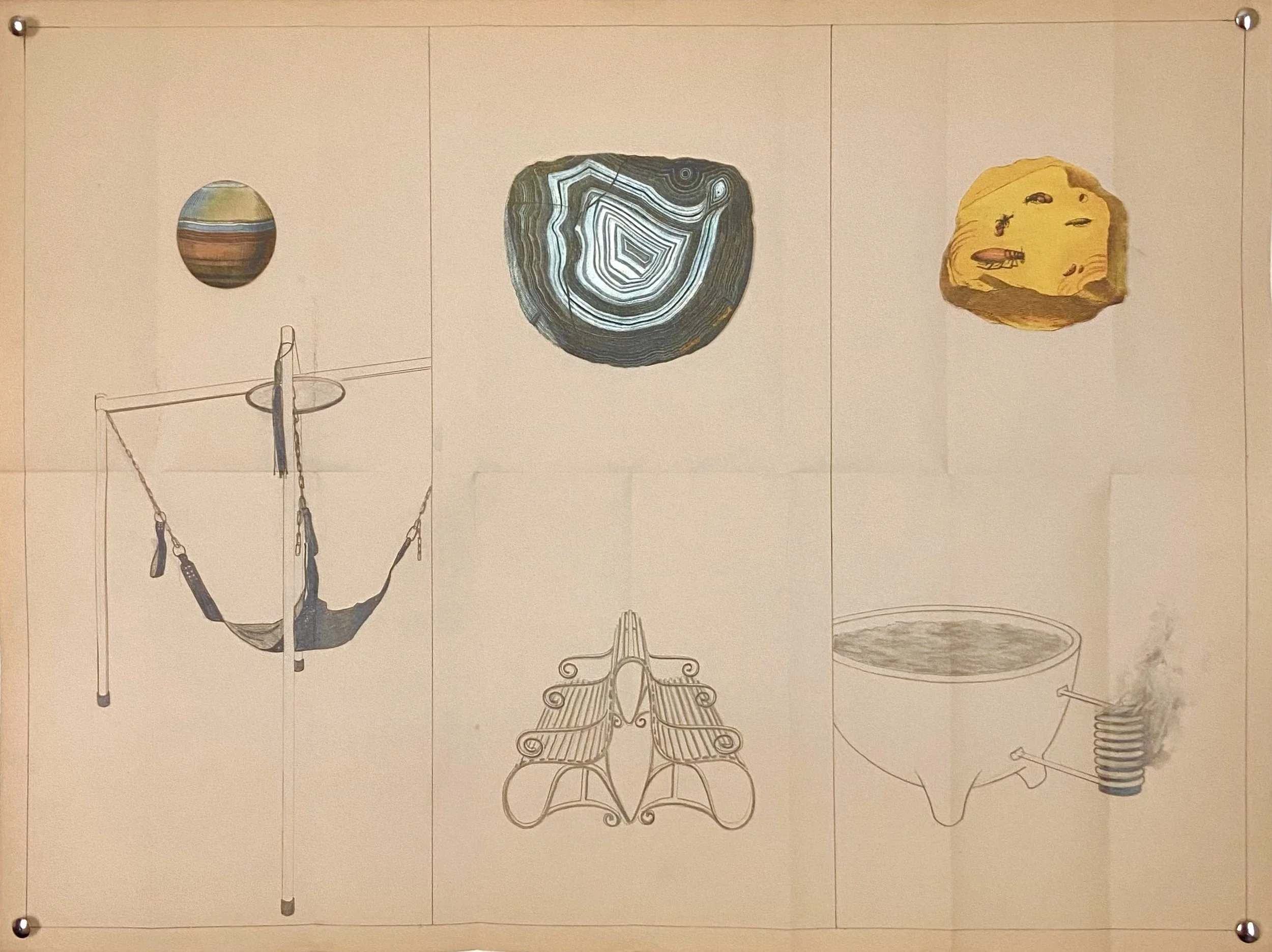 A colorful quilt with geometric patterns in shades of blue, orange, peach, and white, featuring arches, squares, and clouds.