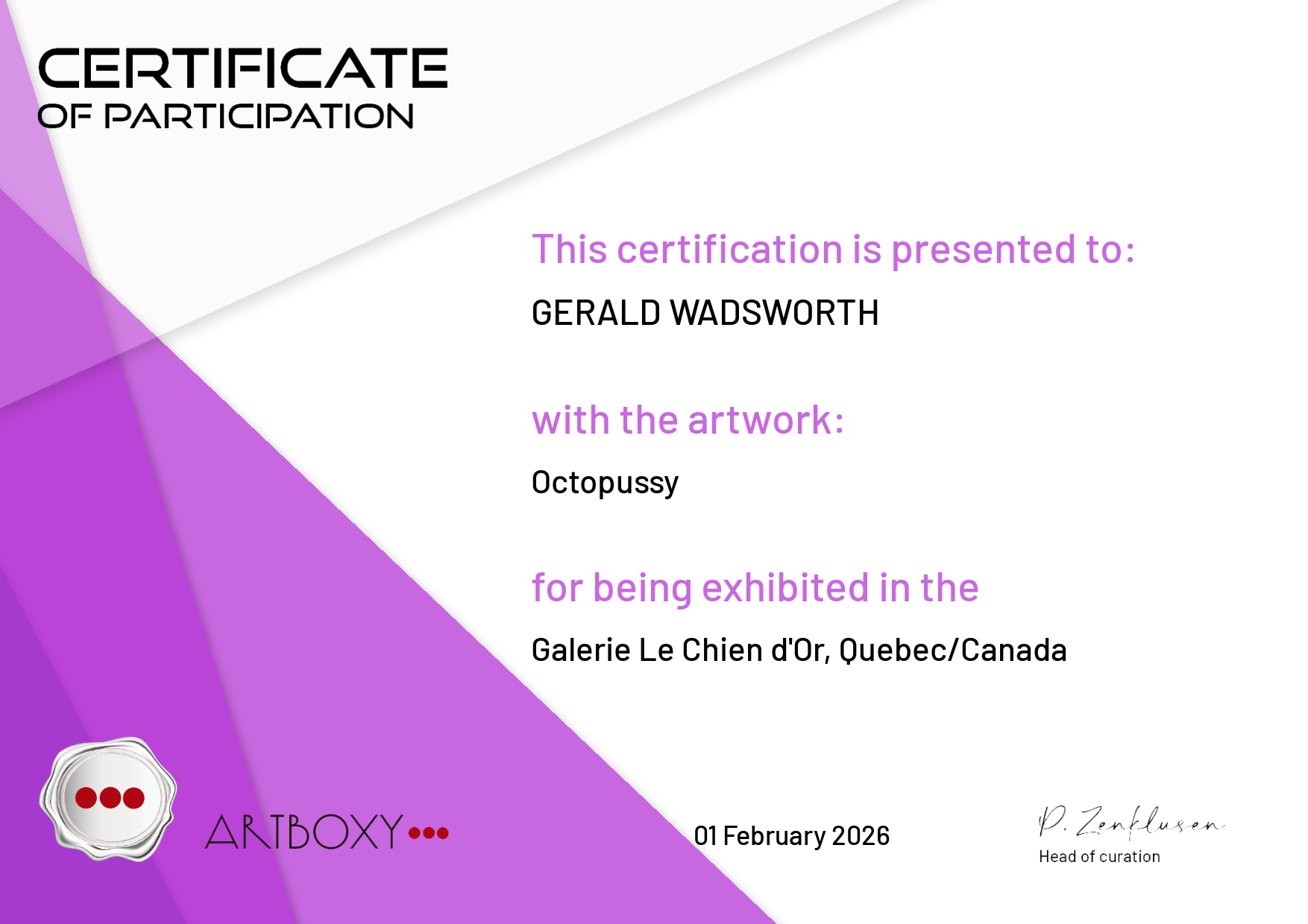 Certificate Gerald Wadsworth Galerie Le Chien dOr Octopussy.png