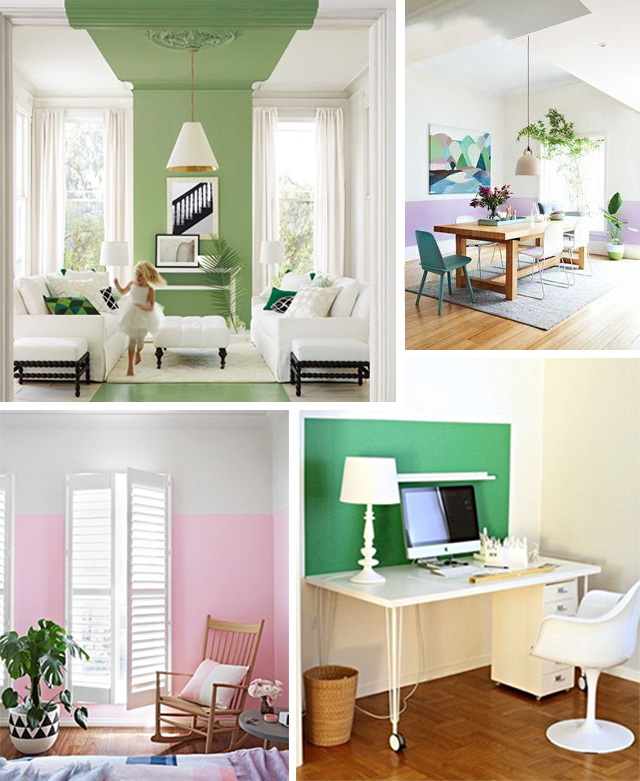 Clockwise from top-left: Drama x1000 via Lonny , some springtime dining via Inside-Out , a focused office from Chez Larsson , this pretty pink bedroom via The Life Creative