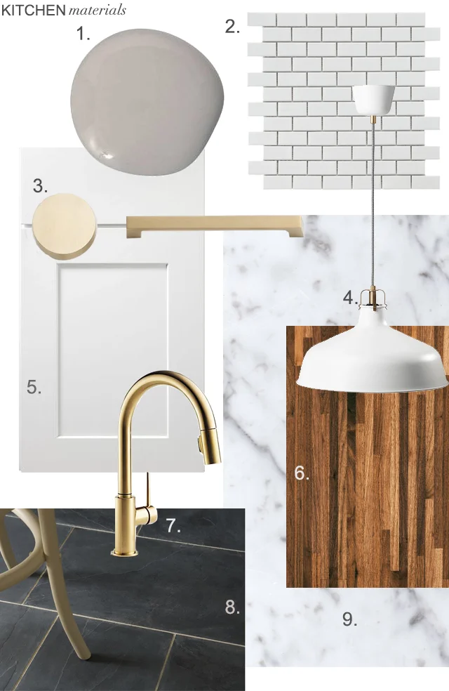 1. Dovetail Gray - Sherwin Williams, 2. Daltile 2" x 4" Subway Tile Mosaic via Home Depot , 3. Brass Hardware via Schoolhouse Electric , 4. Ikea RANARP pendant , 5. White Shaker Style Cabinetry, 6. Walnut Butcher Block Countertop, 7. Delta Trinsic Faucet 8. Porceline 12" x 24" Slate-Look Floor Tiles via Thorntree , 9. Carerra Marble Countertop