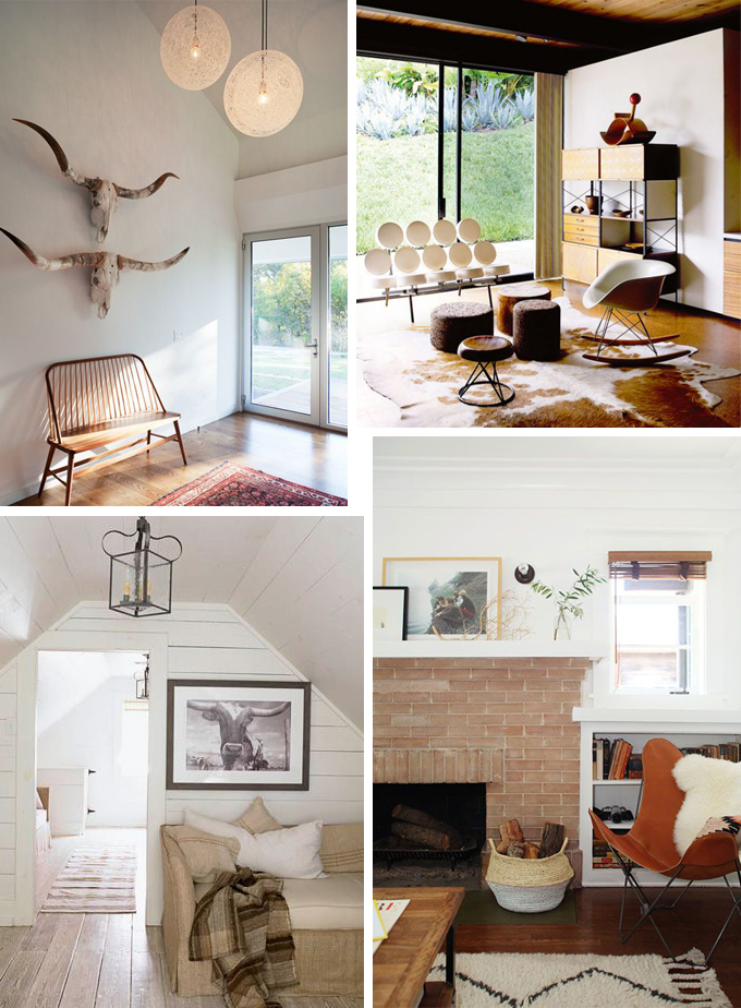 Clockwise from Top Left: Image from The Transatlantic , a midcentury take from Blood and Champagne , one of my favorite inspiration images of all time from DesignSponge , and finally this comfy stunner from none other than House Beautiful
