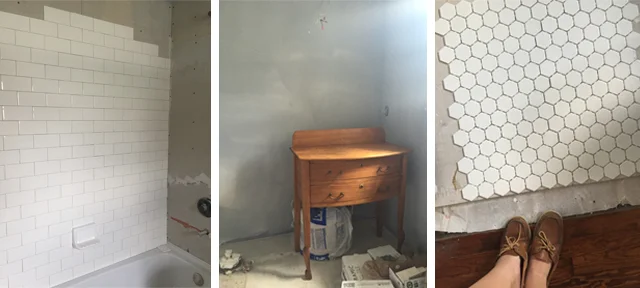Left to right: Shower wall tile mid-install, the soon-to-be-vanity dresser, and the floor tile (excuse my weirdo feet!)