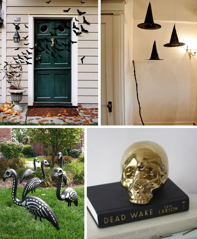 Clockwise from Top Left: Paper bats - I know Martha Stewart makes some that I got at Hobby Lobby - just stick and go!, Floating witches hats - Target has some witch hats in their $1 sections RIGHT. NOW, this gold skull from Manor might be as scary as I can handle (and it's a BANK so you can start saving for Christmas!), and these skeleton flamingos are silly and amazing - party stores carry them or try your hand at making your own!