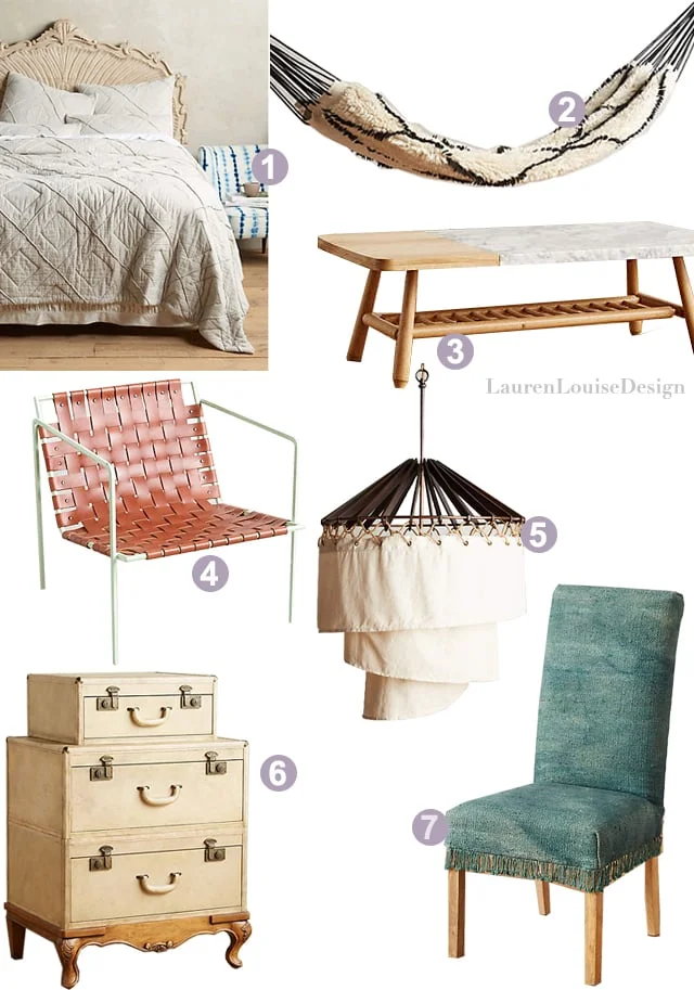 1 | Stonesands Quilt , 2 | Crossed Flokati Hammock , 3 | Hollyton Coffee Table , 4 | Rod + Weave Chair , 5 | Spiral Shade Pendant , 6 | Expedition Dresser , 7 | Fringed Dhurrie Dining Chair