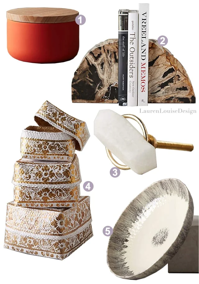 1 | Lidded Box , 2 | Petrified Wood Bookends , 3 | Cleaved Totem Drawer Pull , 4 | Gilded Bamboo Box Set , 5 | Inked Serving Dish