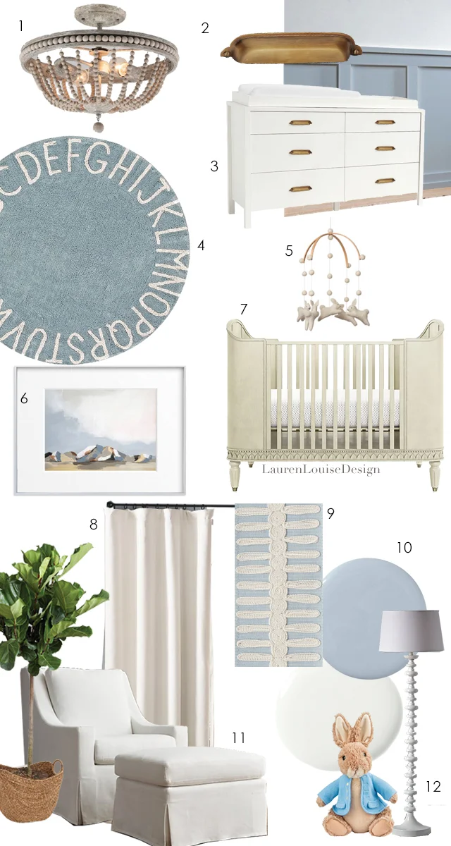 1. Semi-flush ceiling light 2. Pottery Barn Classic Cup Pull 3. Pottery Barn Dresser 4. Pottery Barn Rug 5. Adorable Bunny Mobile from Etsy 6. Minted Fine Art Print 7. Crate and Barrel Gustavian Crib 8. Restoration Hardware Cotton Canvas Blackout Curtains in Warm White Drapes 9. Schumacher Castille Tape in Sky 10. Farrow and Ball Pale Powder ; Benjamin Moore Simply White 11. Restoration Hardware Glider and Ottoman 12. Crate and Barrel Jenny Lind Floor Lamp