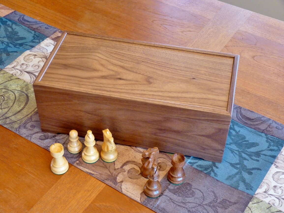 Tournament size wooden chess board with carved border and wooden pieces —  Three Trees Workshop