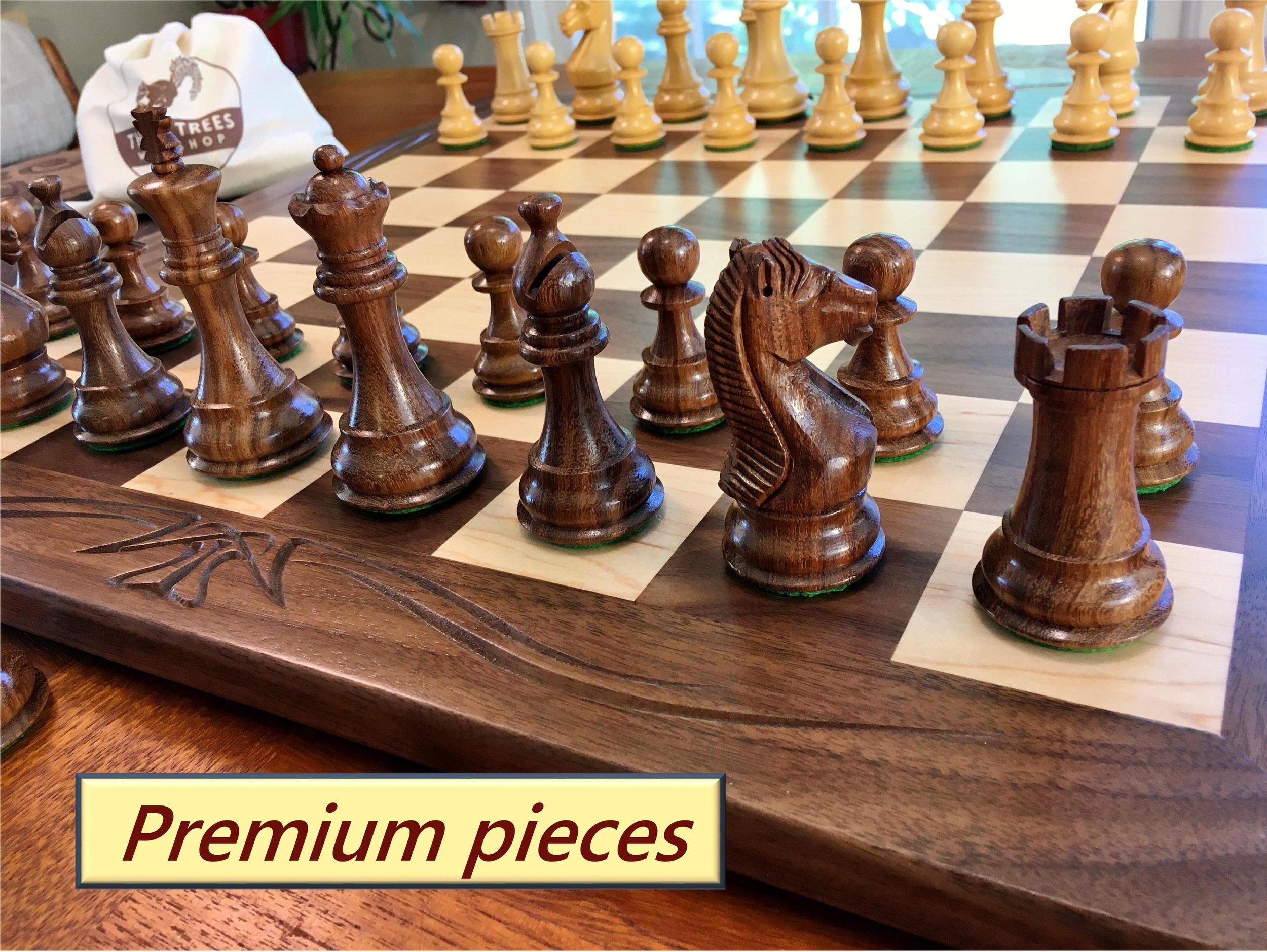 Tournament size wooden chess board with carved border and wooden pieces —  Three Trees Workshop