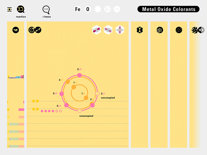  This sequence illustrates how the app’s framework can usher viewers into energy data that comes from a few atoms to bulk matter formed by many atoms of the two elements (Fe, O) of a metal oxide crystal.  
