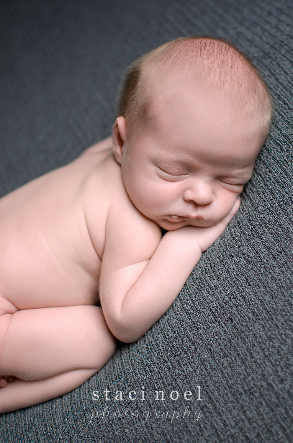 Harrisburg NC newborn baby boy photographed by Staci Noel photography sleeping on grey knit backdrop