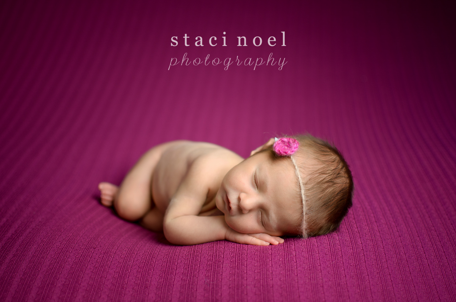 Harrisburg NC newborn baby girl photographed on fuchsia backdrop with pink headband by Staci Noel Photography