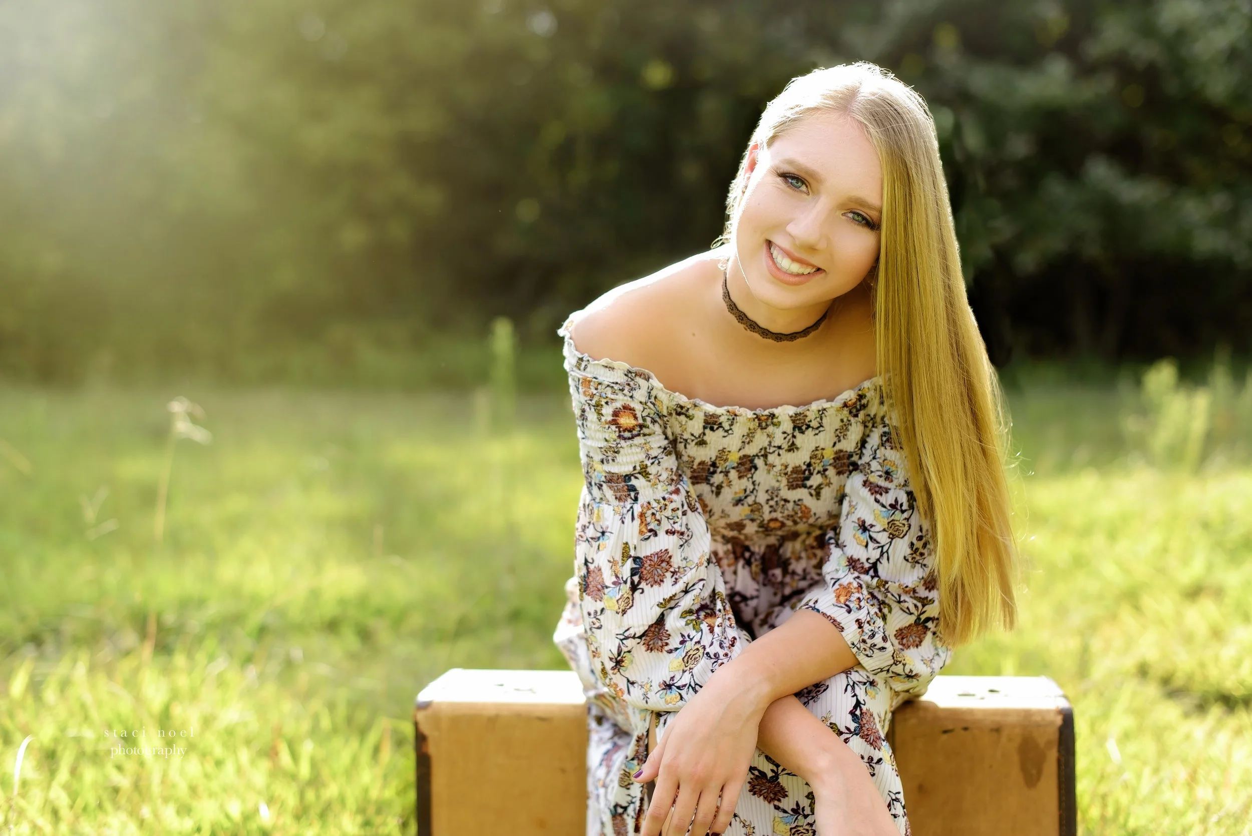 staci noel photography portraits of high school senior girl in dress in a summer field in Harrisburg NC