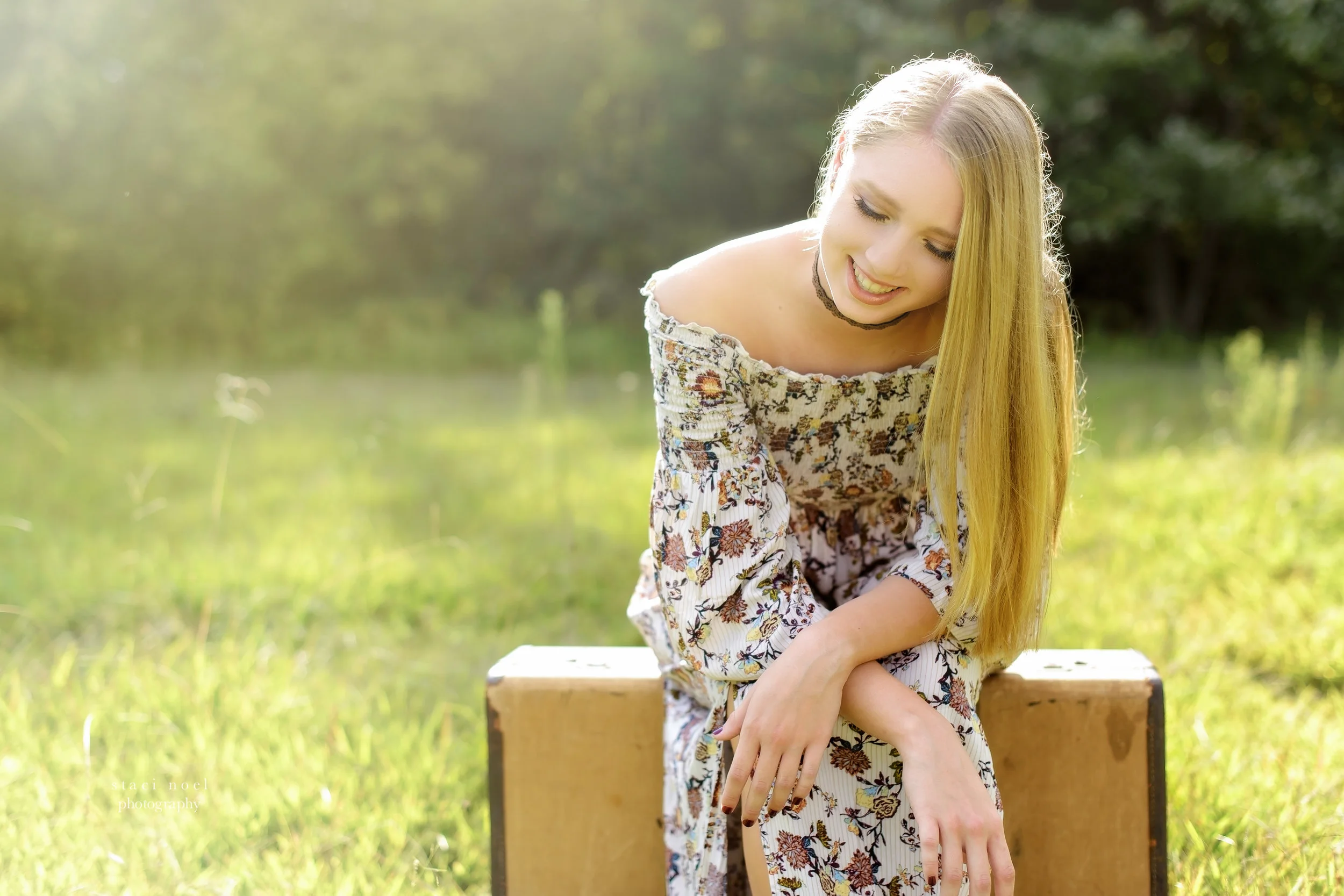 staci noel photography portraits of high school senior girl in dress in a summer field in Harrisburg NC