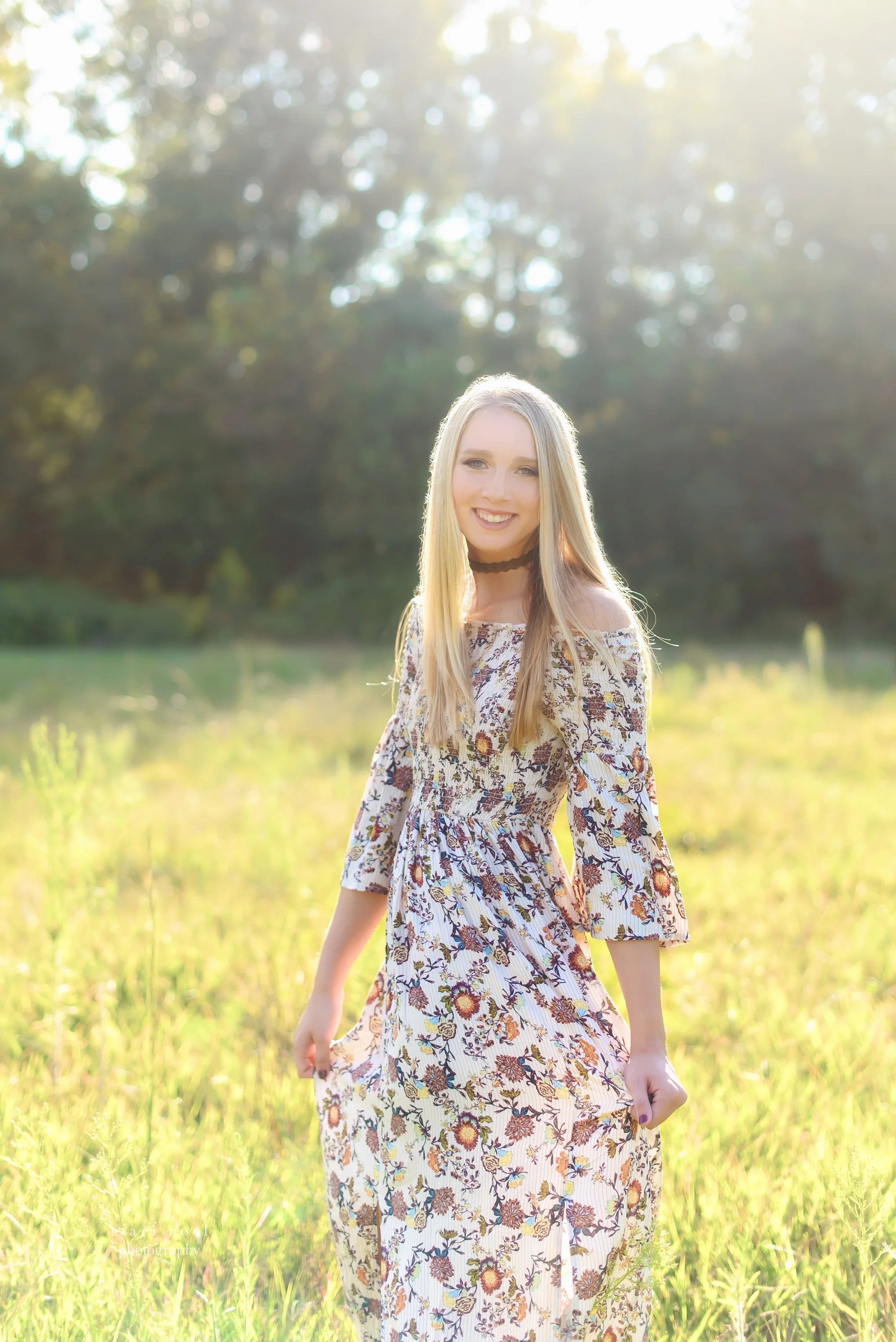staci noel photography portraits of high school senior girl in dress in a summer field in Harrisburg NC