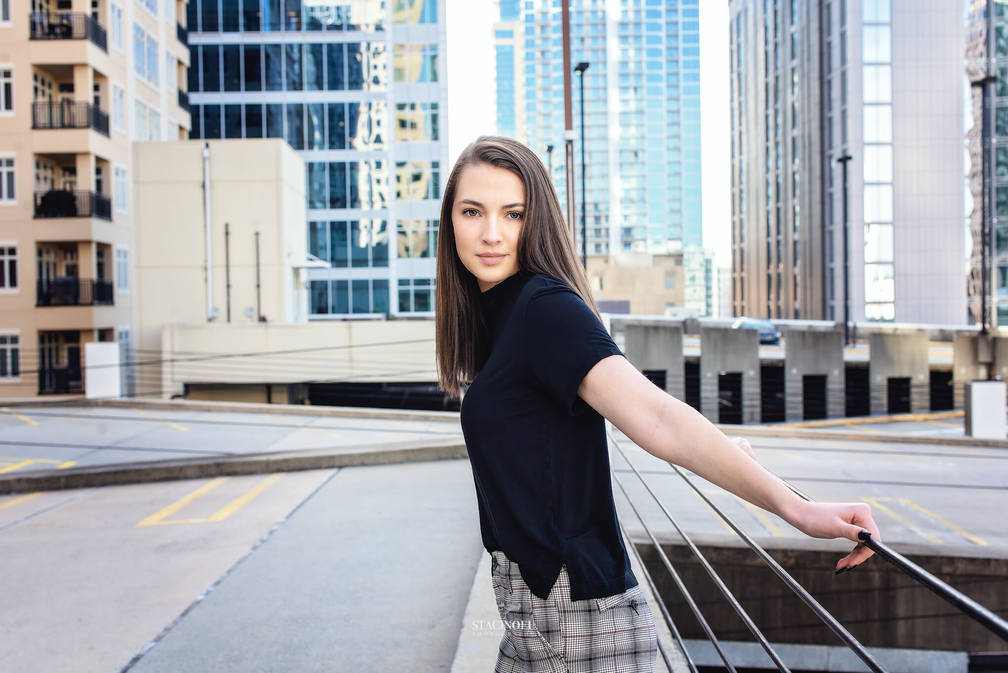  Staci noel photography photographs hickory ridge senior girl for senior portraits outside in uptown Charlotte city skyline 