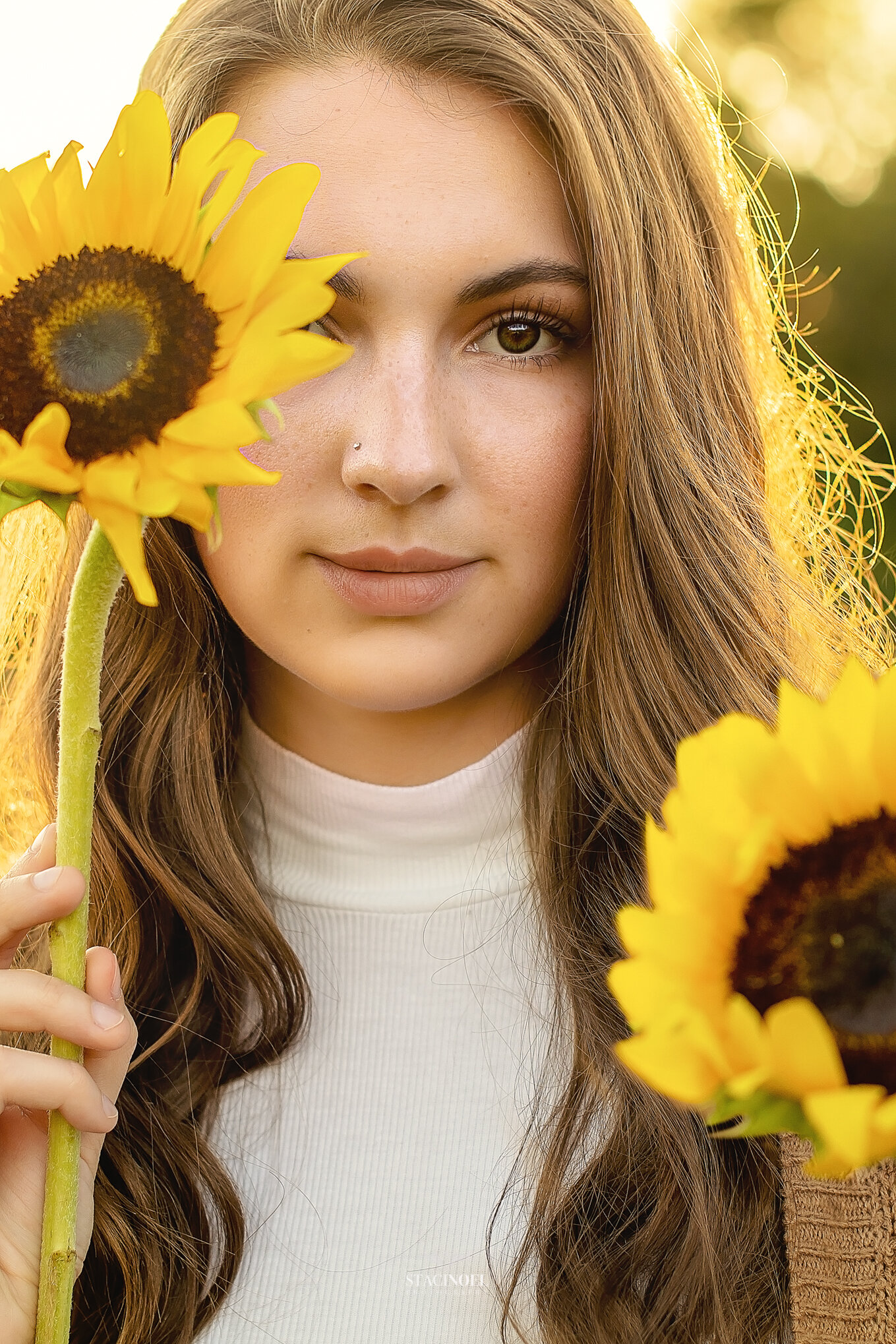  Staci noel photography photographs hickory ridge senior girl for senior portraits outside in natural light in field with tall grass and sunset and sunflowers 