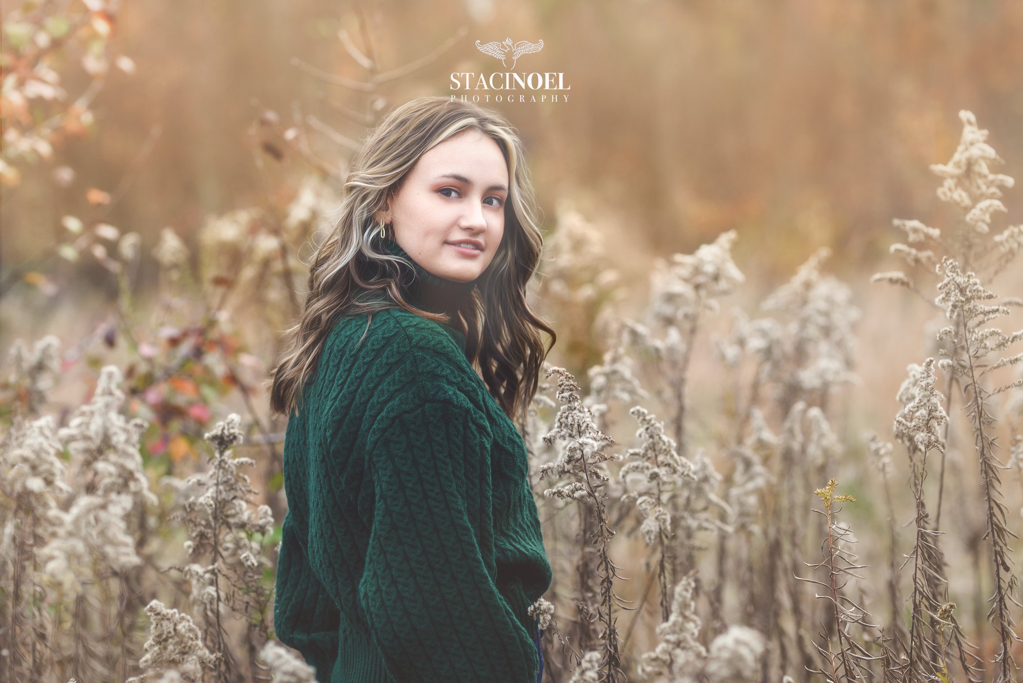 Charlotte senior photographer Staci Noel photography captures a fall senior session in tall grass with autumn colors and high school senior girl in beautiful outdoor setting