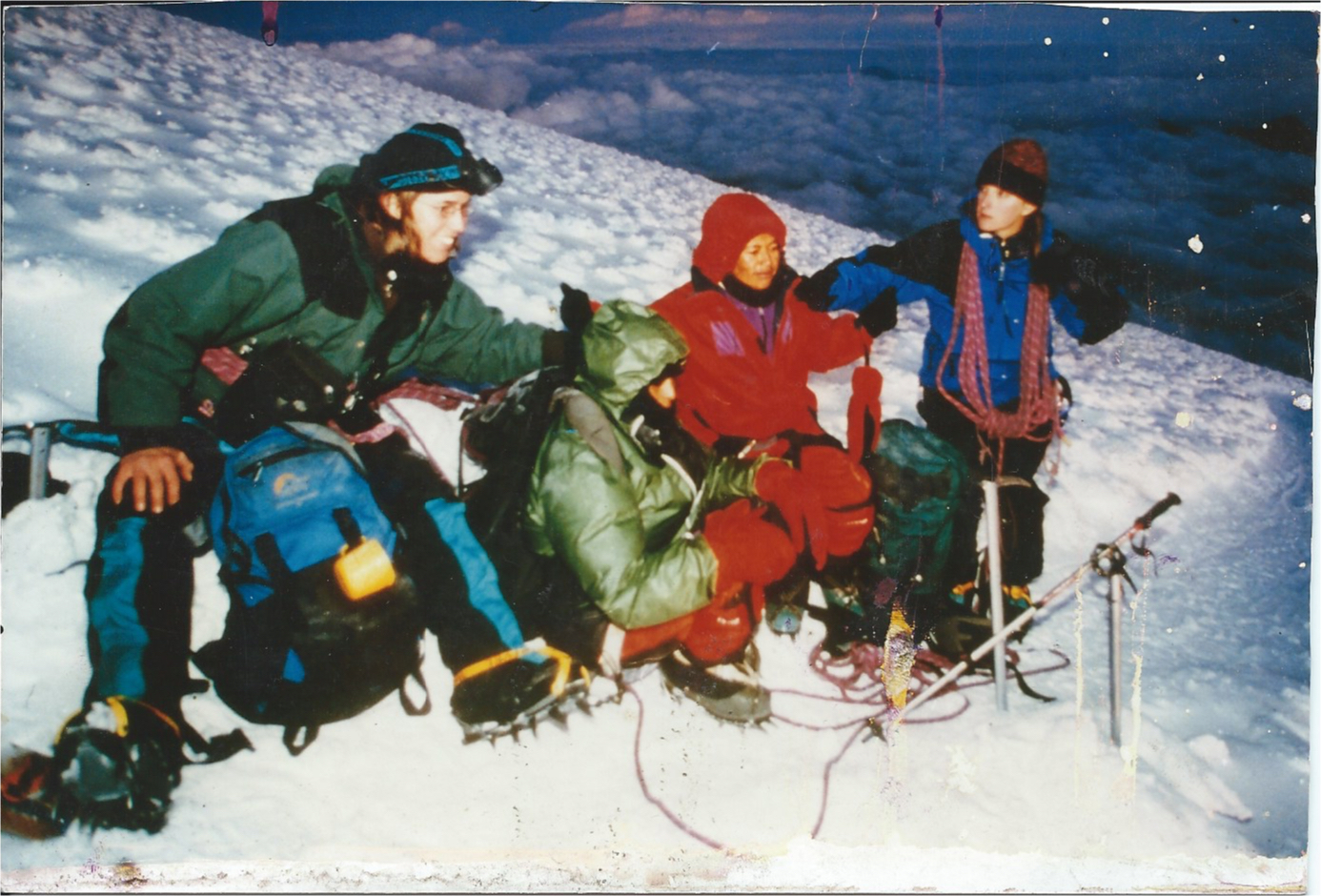 5:00 am climbing break at @ 18,000 feet; sipping tea, contemplating our final push to the summit or to turn back to basecamp.
