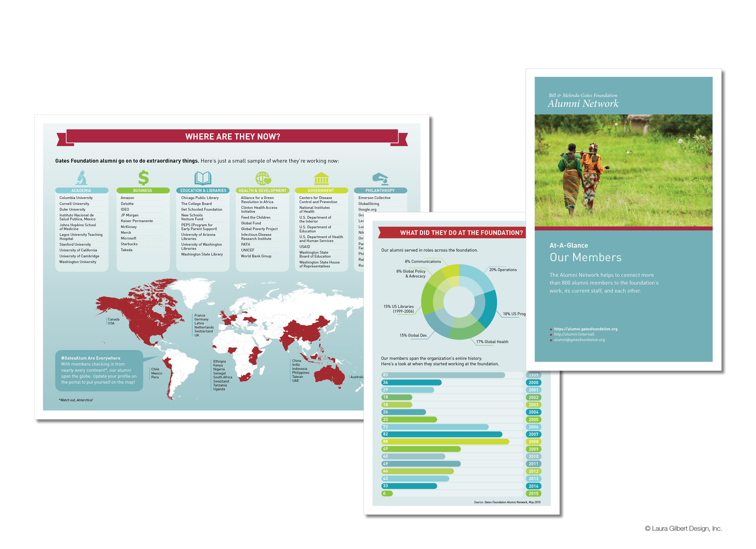Printed handout for the foundation's Alumni Network visualizing the current geographic and professional status of its members