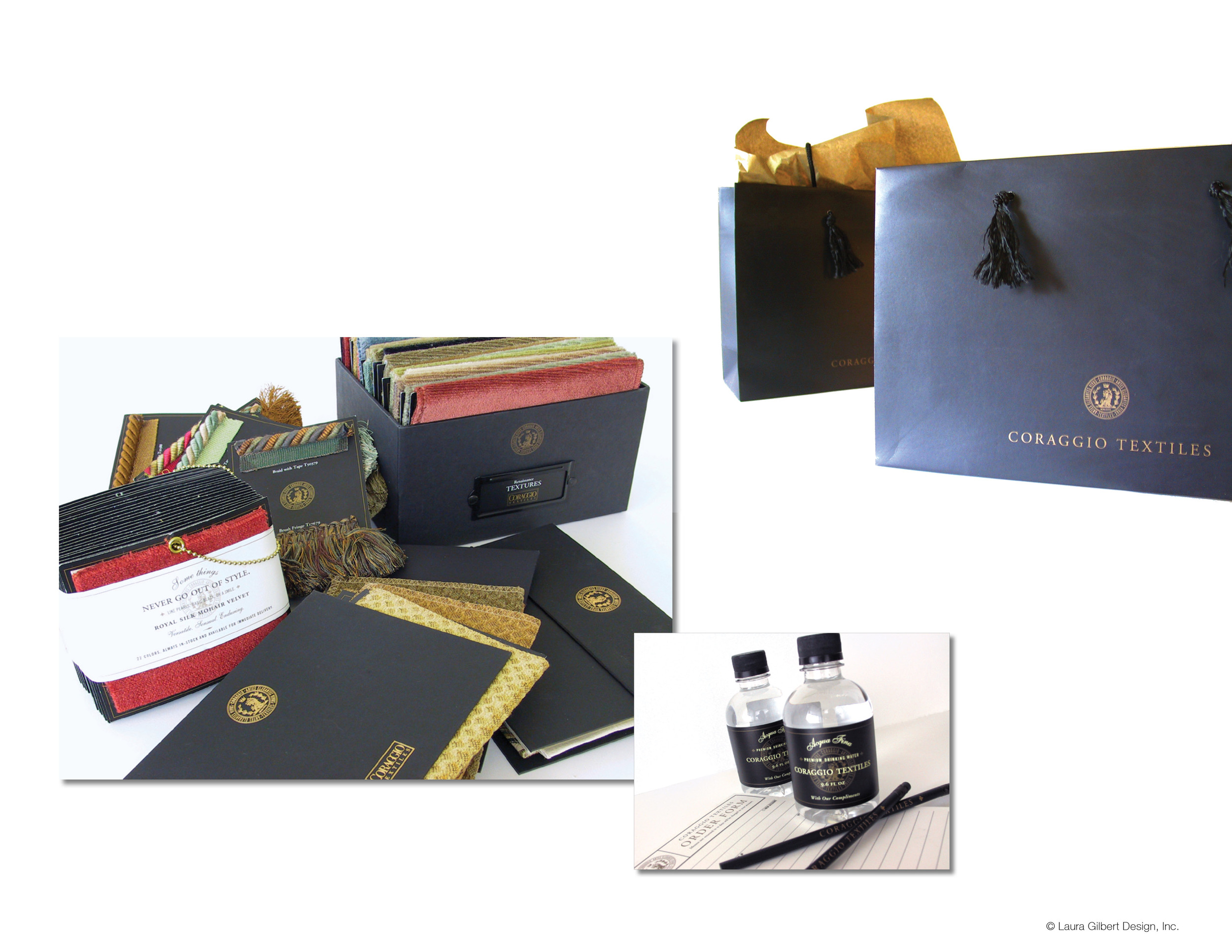 Shopping bags, product sampling materials, and showroom collateral