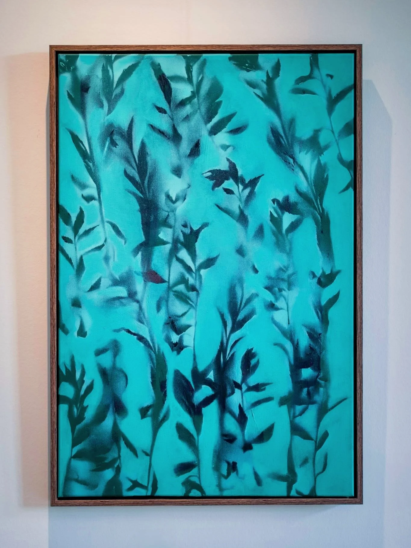 Ghost Leaves v5
Acrylic on canvas, 60 &times; 90 cm
Still available ✨

For this show, I fully embraced my turquoise obsession &mdash; every piece has a hint (or more) of it apart from my black and white series, but this one takes it to the next level