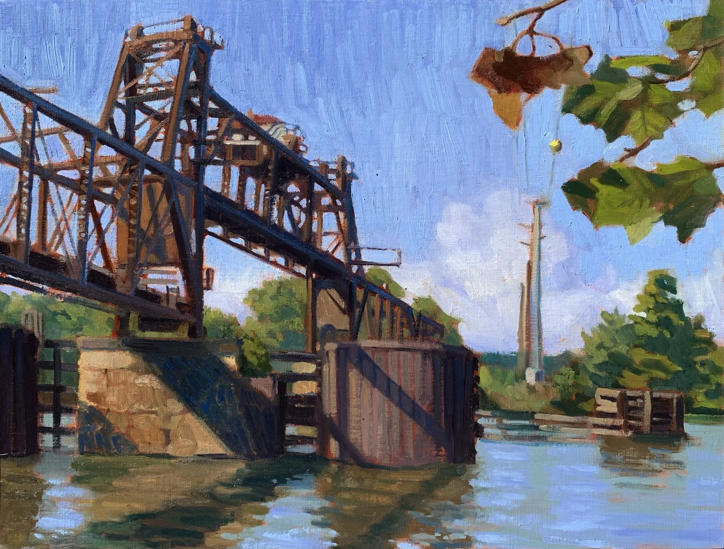 Stylized oil painting of a daytime landscape with a bridge and trees