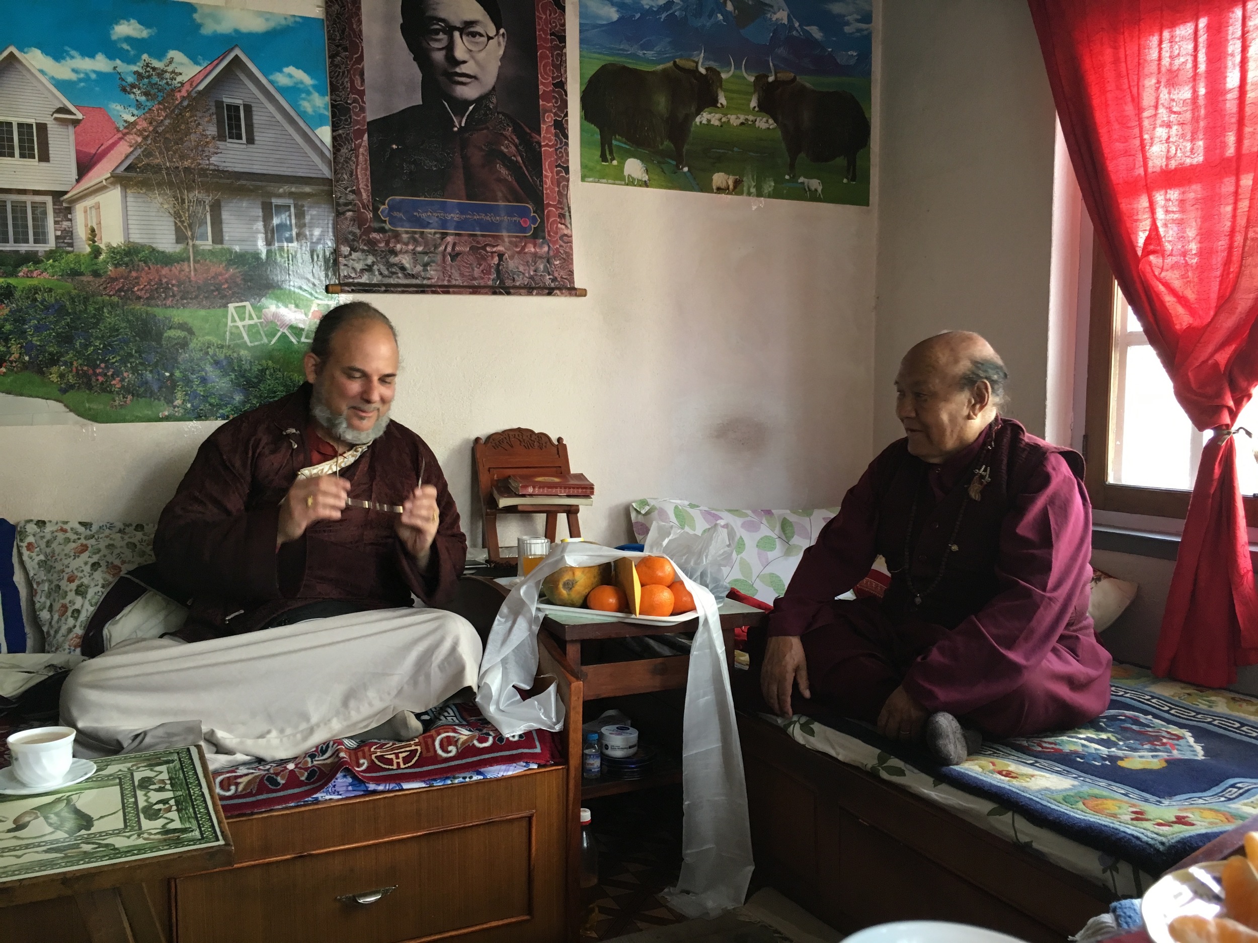 Lama Rangbar with Lama Yedrol Rinpoche discussing the Mendrup drupchen in Nepal.