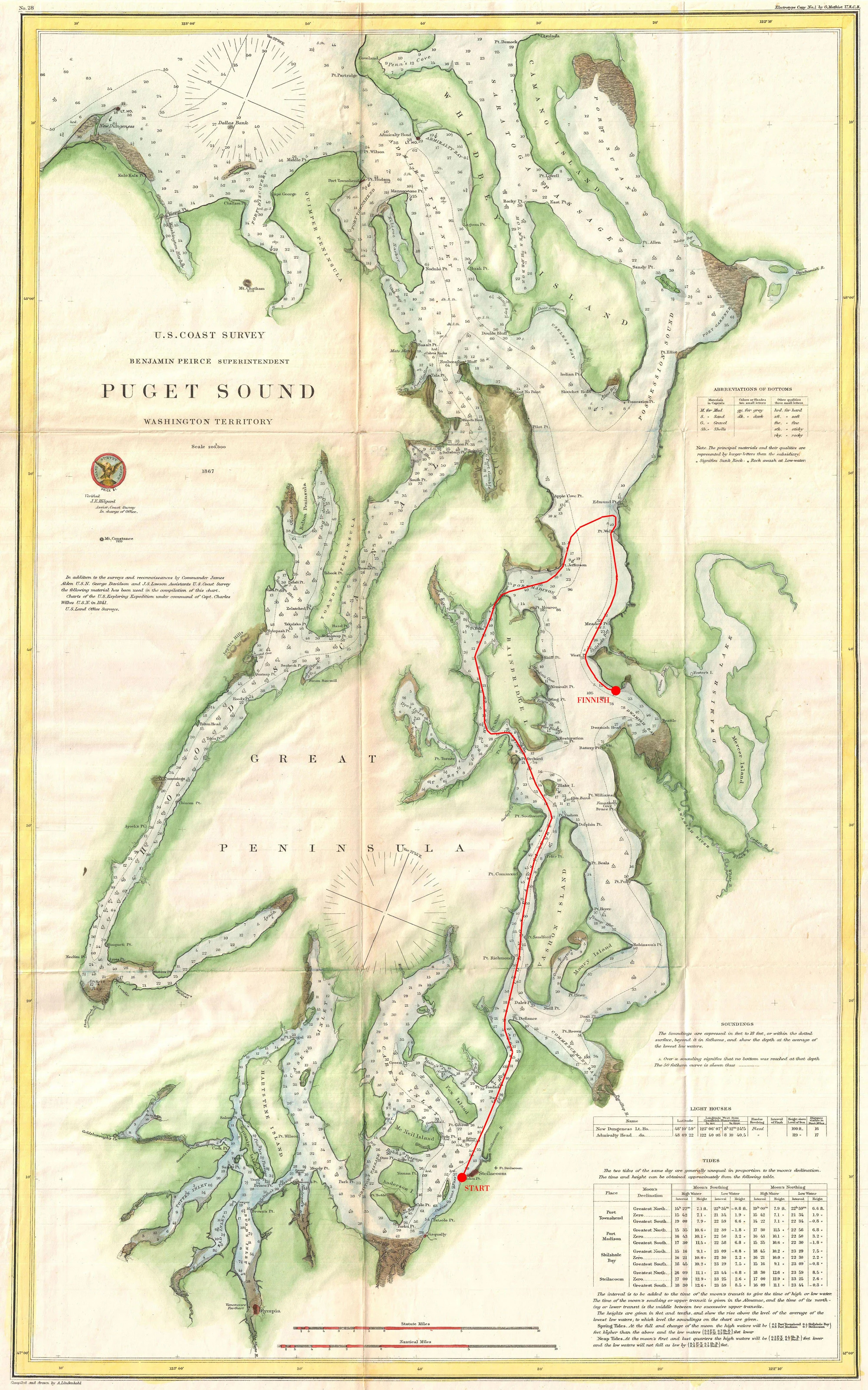 Route: Steilacoom + Narrows + Vashon + Bainbridge + Edmonds + West Point Lighthouse + Elliot Bay Marina (74 miles)