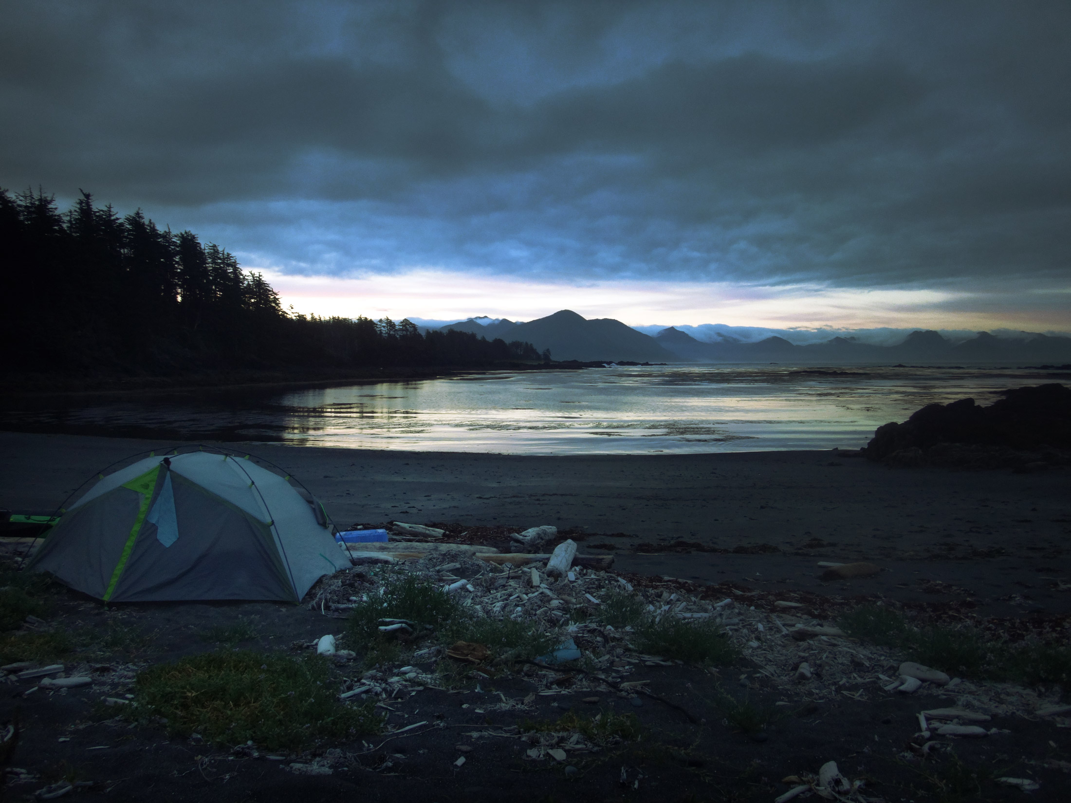 Ominous clouds start to form over Brooks Peninsula at dawn. Will the weather improve or deteriorate? Time to roll the dice. 