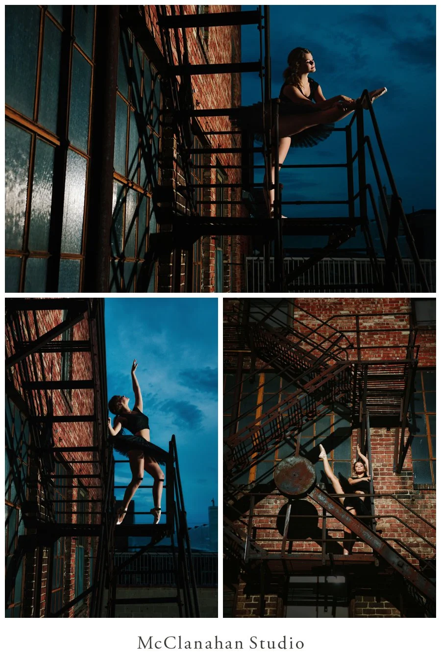 Ballerina Maddie Pals tearing up downtown in epic fashion. Tying point shoes and stretching on a fire escape framed in a dusky sky behind McClanahan Studio.