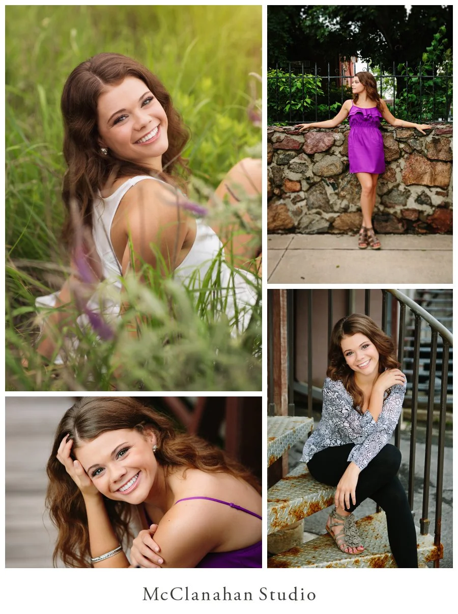 Beautiful portraits of Waukee Senior Madelene Pals in downtown Ames, IA by McClanahan Studio. Maddie is rocking a purple dress and a patterend top, looking stunning and completely owning both.
