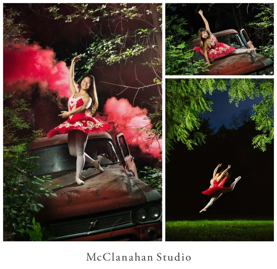Night time dance portraits of Ames High president Stephanie Shin in a red tutu on a red truck. Smoke bomb senior photo focused with an iphone flashlight and a lovely leap framed by hanging branches. McClanahan Studio used artificial lighting to make great senior photos in pitch black conditions.