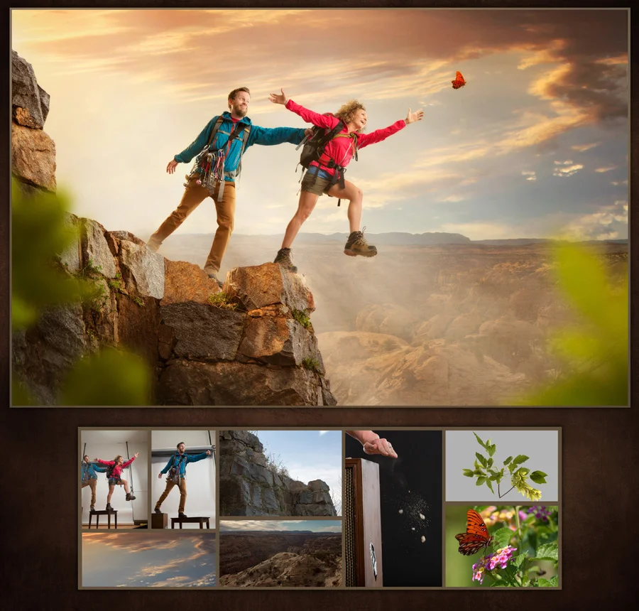 Composite engagement photo by Des Moines photographer McClanahan Studio showing Mark and Valentina Looney having a symbolic moment on a backpacking trip in the southwest. Valentina is reaching for a butterfly not noticing the cliff's edge and Mark is keeping her from falling off. Photograph selected for the 2014 PPA Loan Collection.