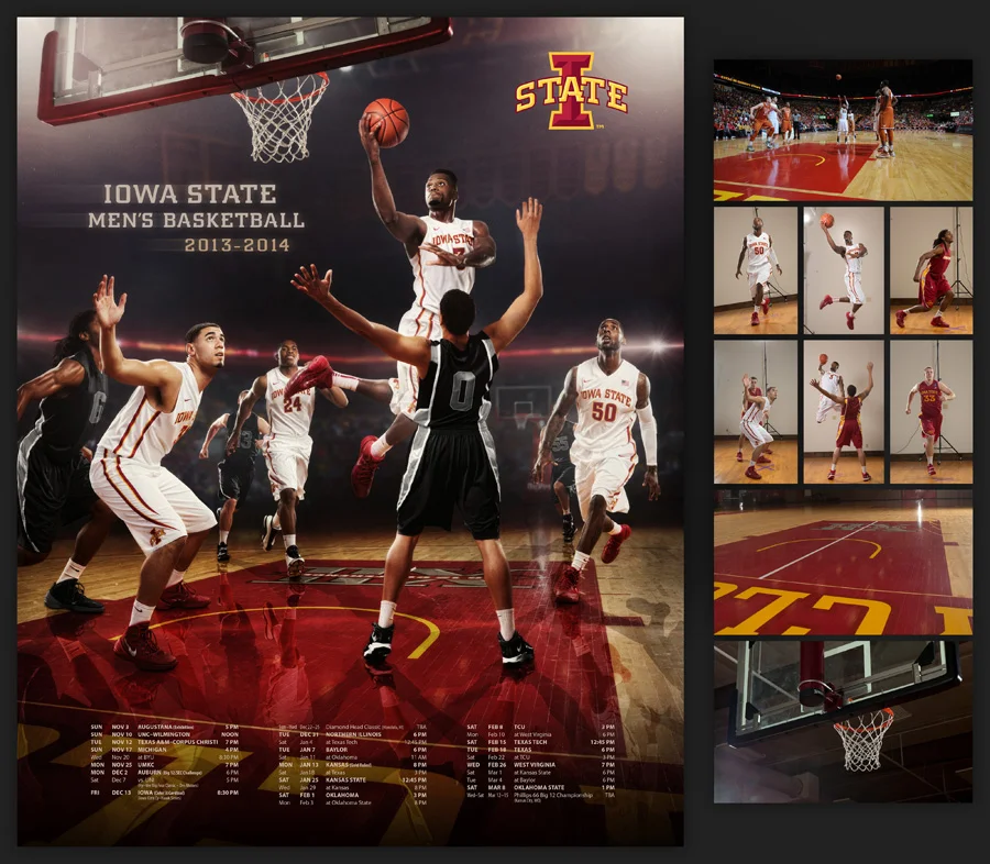 Des Moines Photographer Dan McClanahan created this poster for Iowa State Cyclone Men's Basketball 2014 season. Featuring Melvin Ejim, DeAndre Kane, Georges Niang executing a drive in Hilton Coliseum against a fictitious opponent. Composite image was selected for the 2014 PPA Loan Collection.