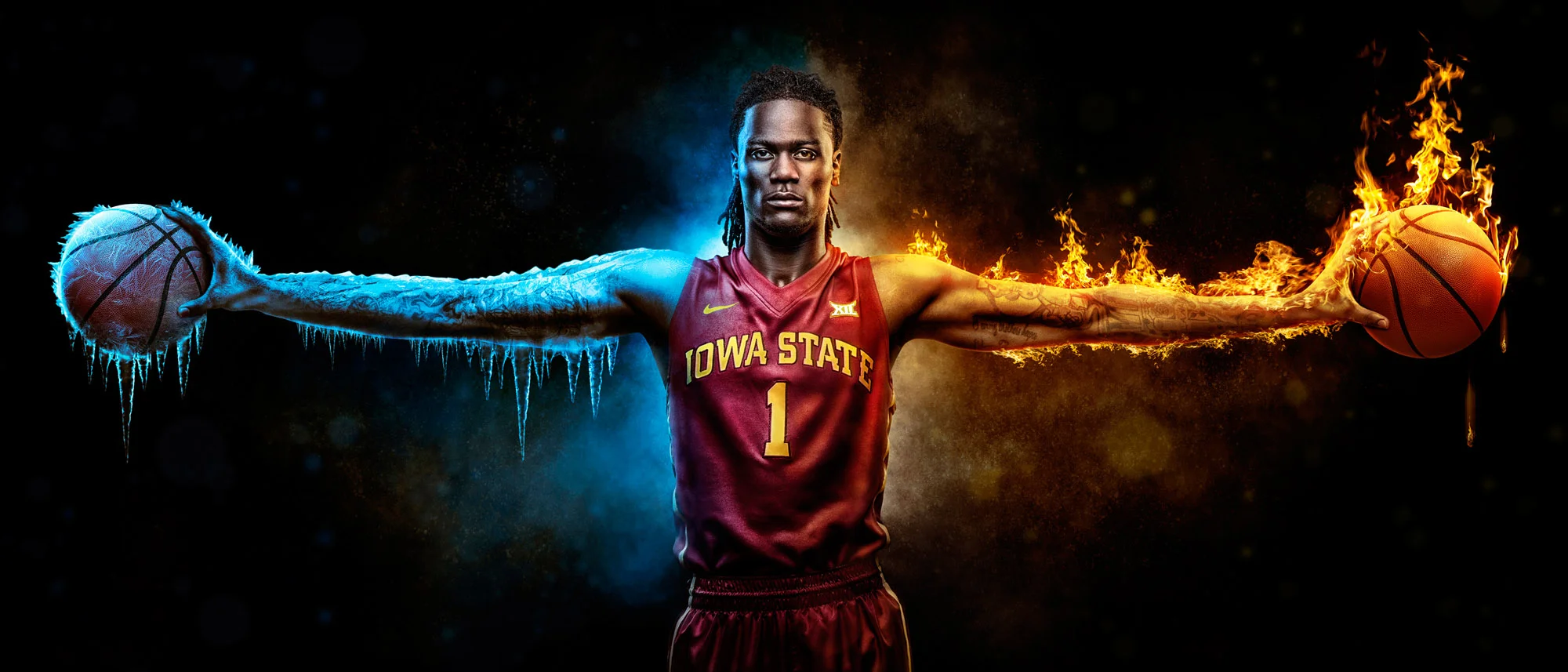 Cyclone basketball player Jameel Mckay, one arm covered with ice and one with fire
