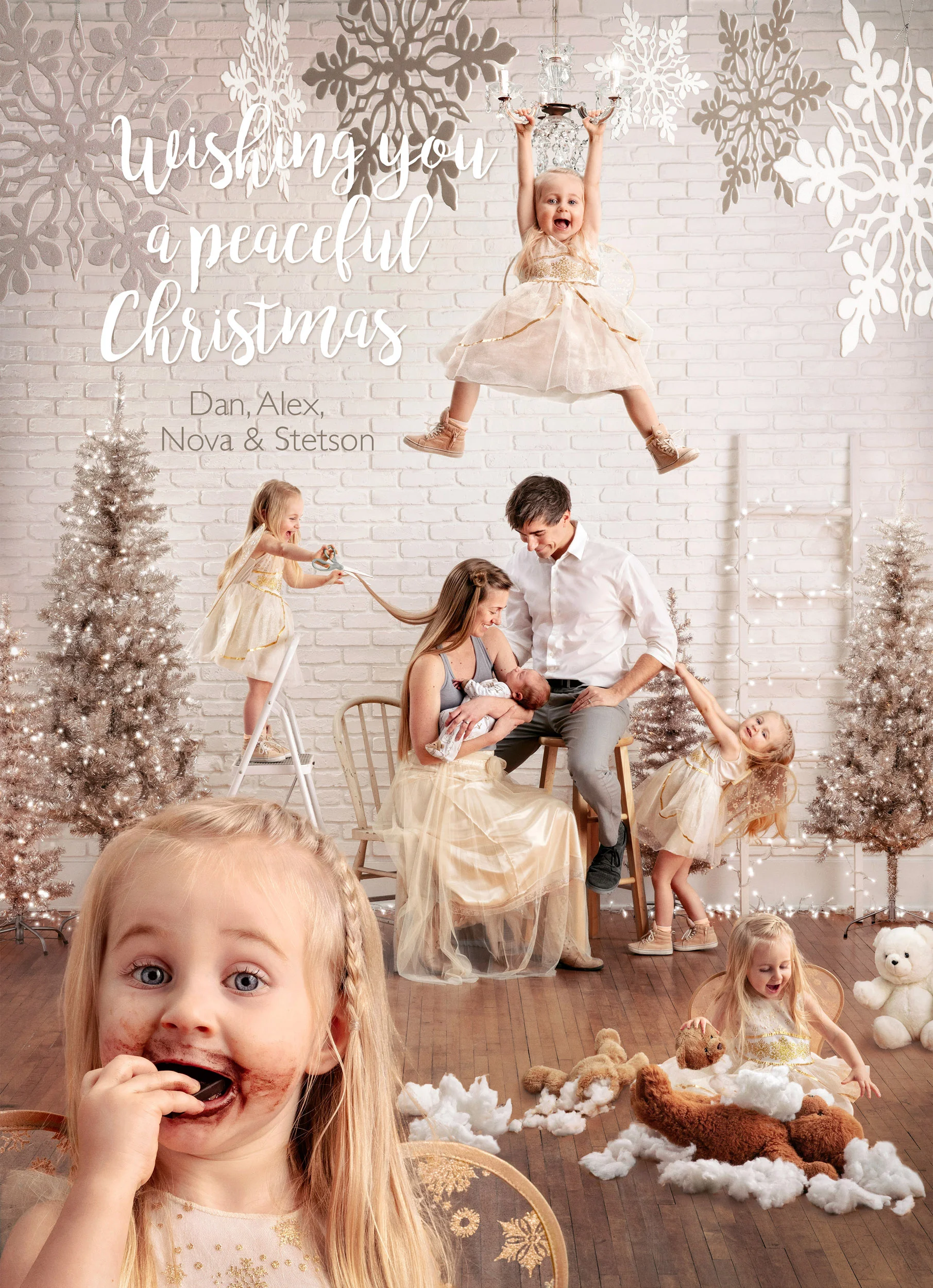 Newborn baby boy with mischievous big sister - Christmas card