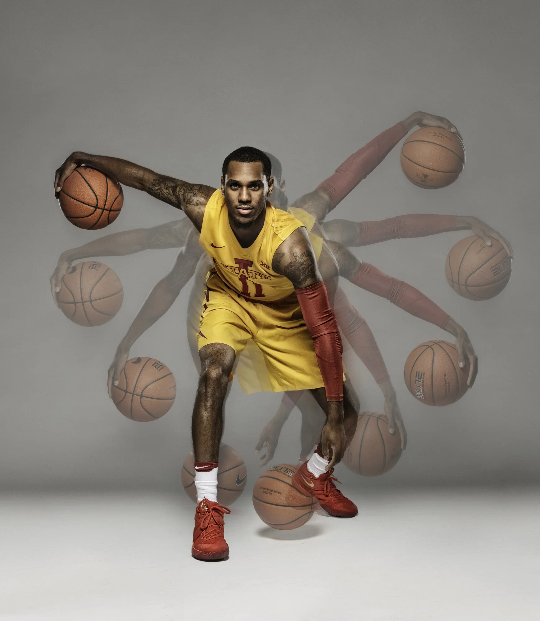Stroboscopic multiple exposure portrait of Denver Nuggets point guard Monte Morris during his college days as an Iowa State University Cyclone
