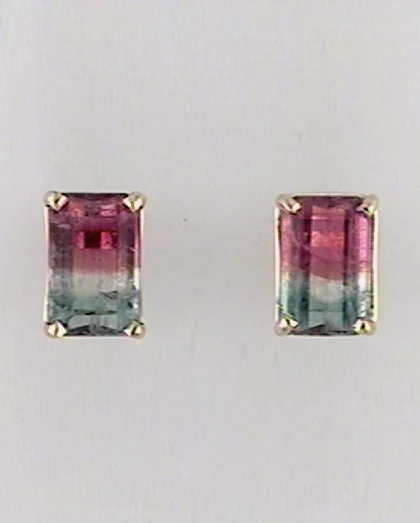 Watermelon Tourmaline Studs 14k White( (RARE Tri-Color Pastel Green & Pink color)