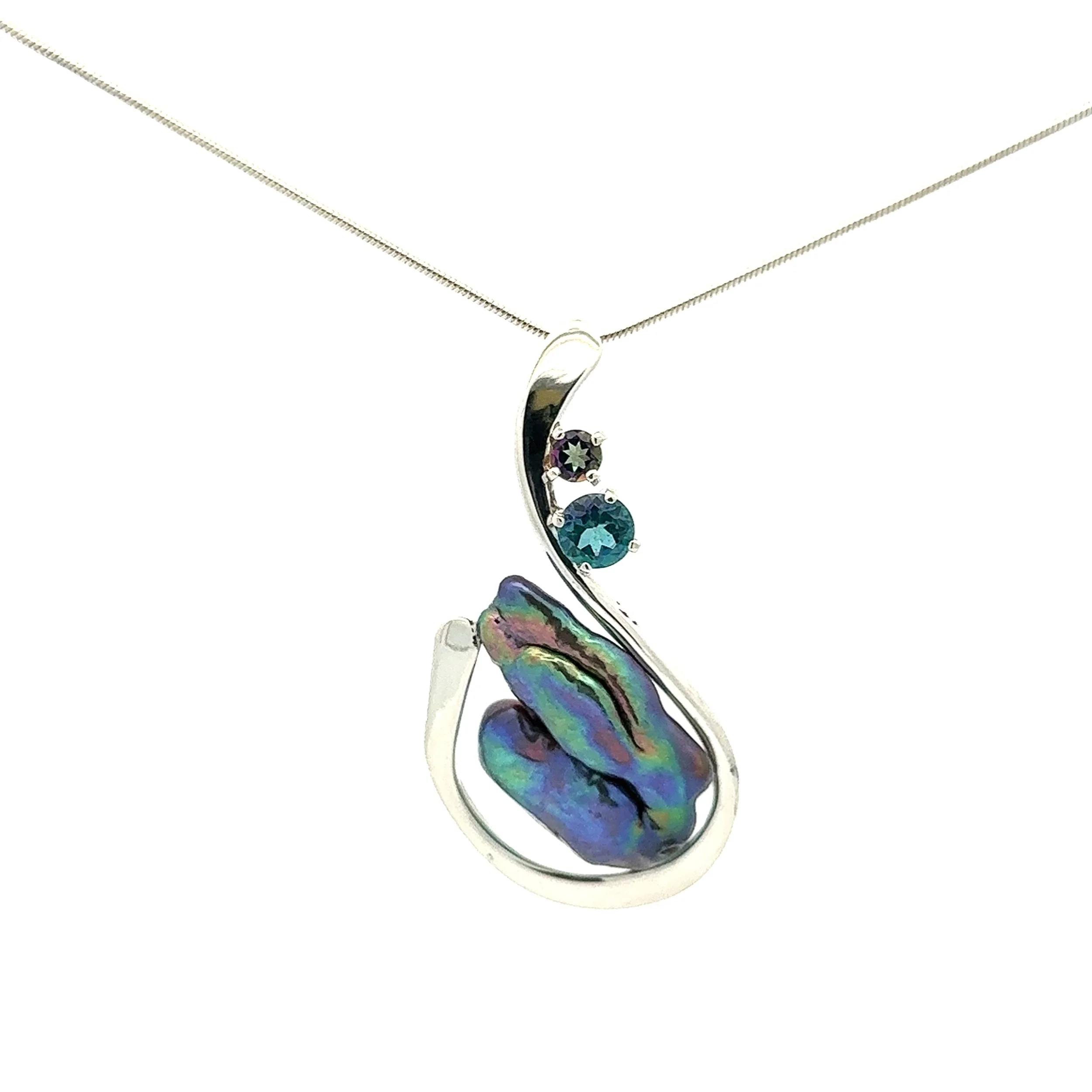 P Freshwater Black Baroque Pearl Pendant with Mystic Topaz and Sterling Silver