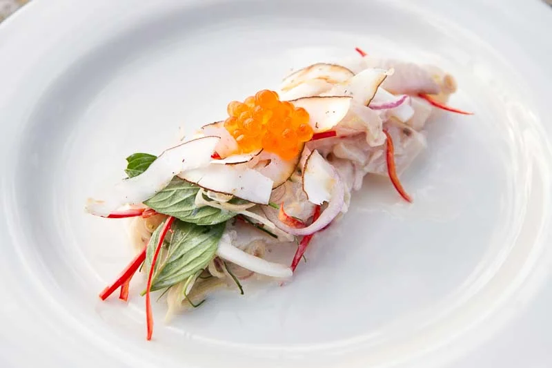 'Ota 'ika style Silver Trevally with toasted coconut and salmon roe