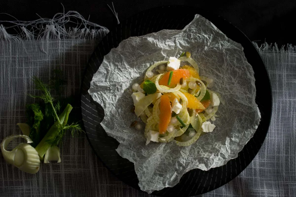 Shaved fennel and citrus salad with tapioca, pepita seeds and goats cheese